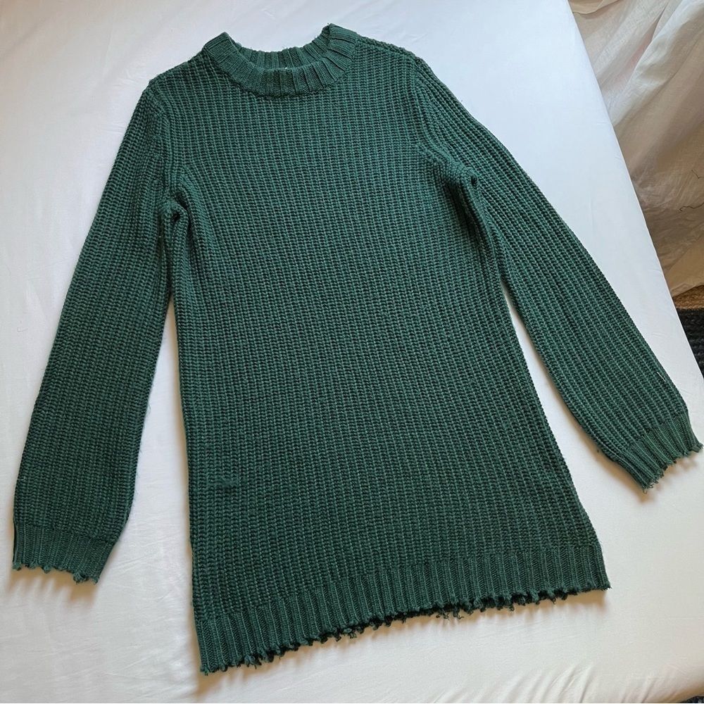 GRLFRND forest emerald green chunky knit distressed hem puff mini sweater dress